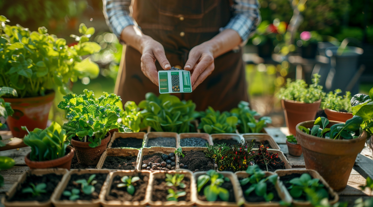 Jardinier débutant choisissant des graines de légumes, fleurs, fruits, herbes aromatiques et graines bio pour son jardin — Seedschoice.com