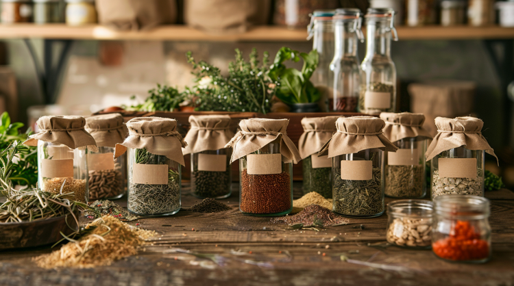 Sachets de graines étiquetés et bocaux Mason avec graines de légumes, fleurs, fruits et herbes aromatiques stockés pour la prochaine saison — Seedschoice.com