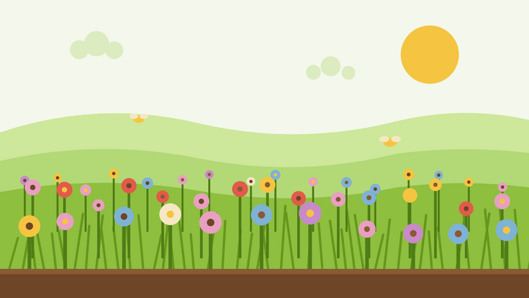 Comment semer une prairie fleurie — illustration en aplat d'une prairie en fleurs avec des graminées, des coquelicots, des marguerites et des papillons