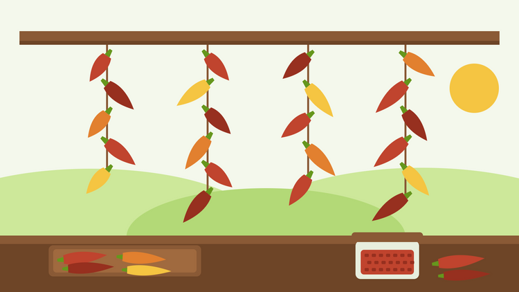 Comment faire sécher des piments — illustration à plat de piments rouges, oranges et jaunes suspendus sur des ficelles à une poutre en bois, avec un plateau de séchage et un bocal de flocons de piment sur le plan de travail en dessous