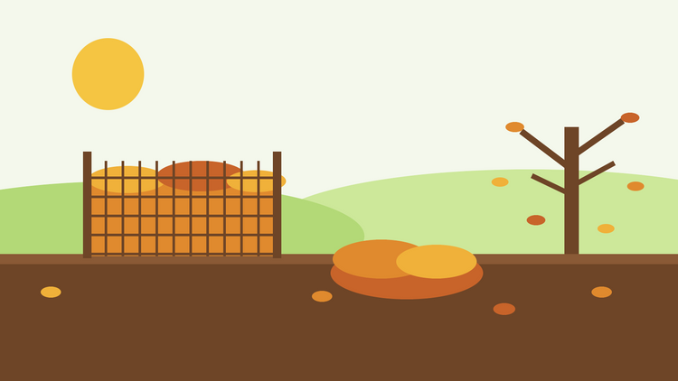 Comment préparer du terreau de feuilles — illustration en aplat d'une cage en grillage métallique remplie de feuilles d'automne à côté d'un arbre dénudé et d'un tas de feuilles tombées