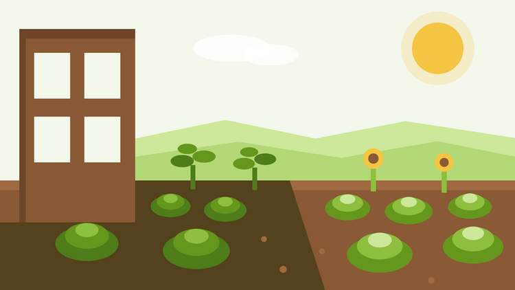 Que cultiver à l'ombre — illustration plate d'un parterre de jardin à moitié dans l'ombre d'un mur, avec des cultures feuillues à l'ombre et des tournesols au soleil